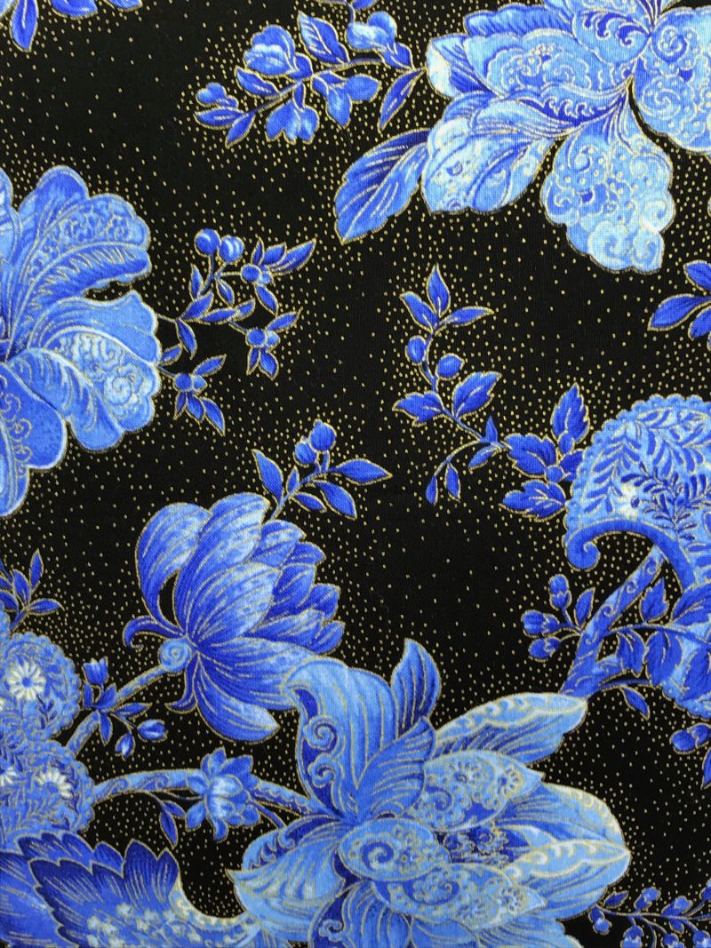 Front detail of blue floral cushion cover with detailed flowers on a black background, 18 inch square, zipped and lined