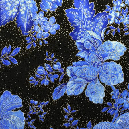 Reverse detail of blue floral cushion cover with detailed flowers on a black background, 18 inch square, zipped and lined