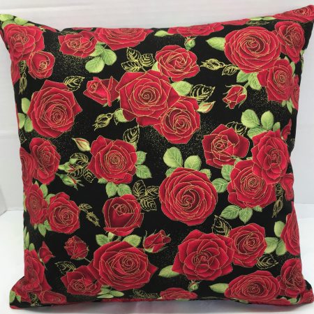 Front of red rose floral cushion cover with green leaves on a black background, 18 inch 45cm square, zipped and lined decorative pillow case