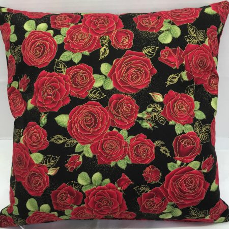 Reverse of red rose floral cushion cover with green leaves on a black background, 18 inch 45cm square, zipped and lined decorative pillow case