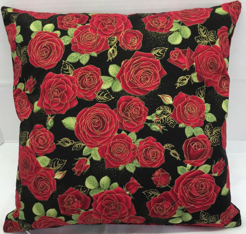 Reverse of red rose floral cushion cover with green leaves on a black background, 18 inch 45cm square, zipped and lined decorative pillow case