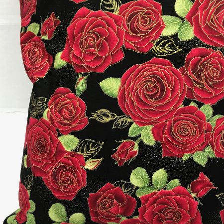 Detail of red rose floral cushion cover with green leaves on a black background, 18 inch 45cm square, zipped and lined decorative pillow case