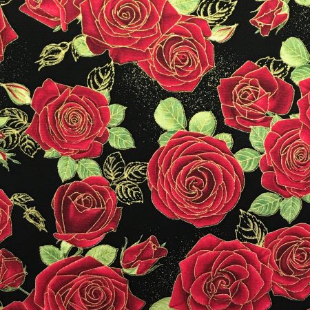 Front detail of red rose floral cushion cover with green leaves on a black background, 18 inch 45cm square, zipped and lined decorative pillow case