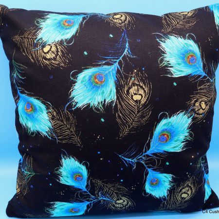 Reverse of blue peacock floral cushion cover with vibrant bird design on the front and feather pattern on the reverse