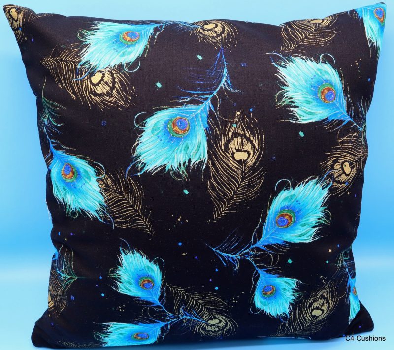 Reverse of blue peacock floral cushion cover with vibrant bird design on the front and feather pattern on the reverse