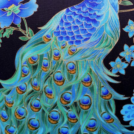 Front detail of blue peacock floral cushion cover with vibrant bird design on the front and feather pattern on the reverse