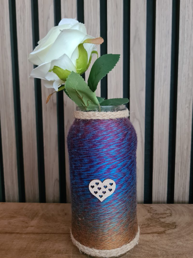 Set of 2 Upcycled Glass Jars Wrapped in Marble Effect Yarn