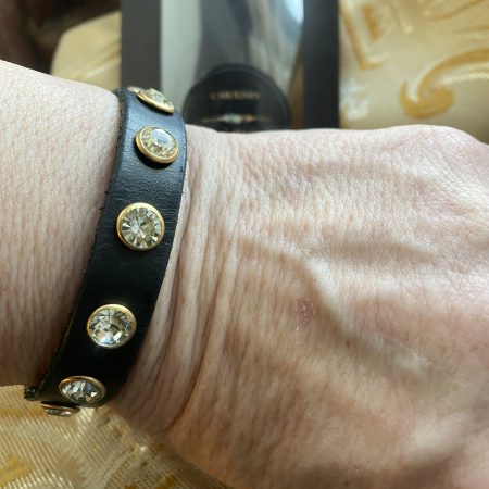 Swarovski Style clear crystal and black Italian leather cuff/bracelet