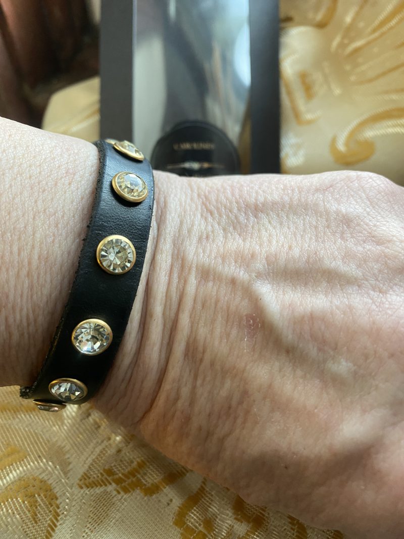 Swarovski Style clear crystal and black Italian leather cuff/bracelet