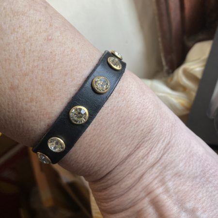 Swarovski Style clear crystal and black Italian leather cuff/bracelet
