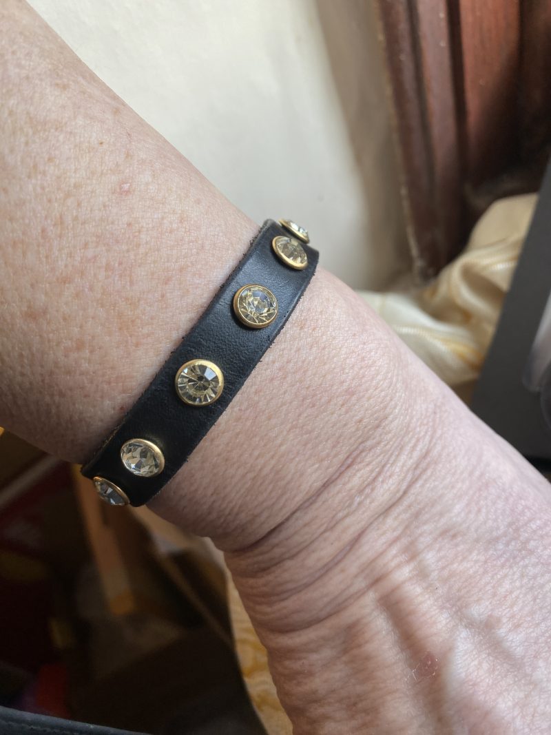 Swarovski Style clear crystal and black Italian leather cuff/bracelet