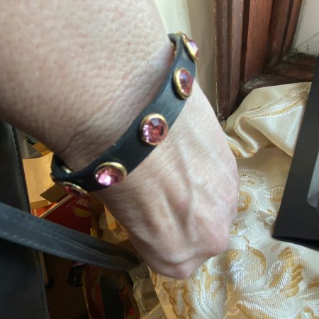 Swarovski Style pink crystal and black Italian leather cuff/bracelet