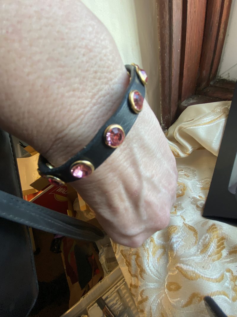 Swarovski Style pink crystal and black Italian leather cuff/bracelet