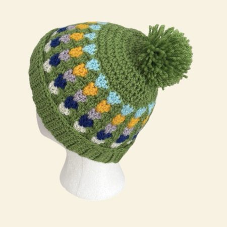 Handmade Crochet Granny Stitch Beanie – Multicoloured Green Pom-Pom Hat