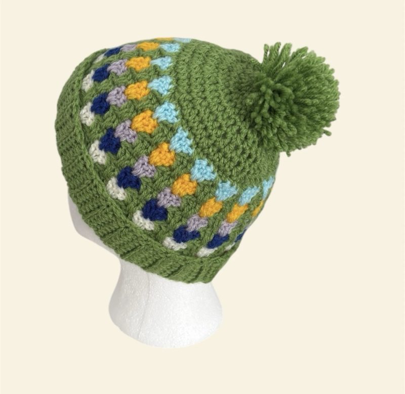 Handmade Crochet Granny Stitch Beanie – Multicoloured Green Pom-Pom Hat