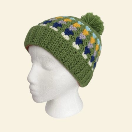 Handmade Crochet Granny Stitch Beanie – Multicoloured Green Pom-Pom Hat