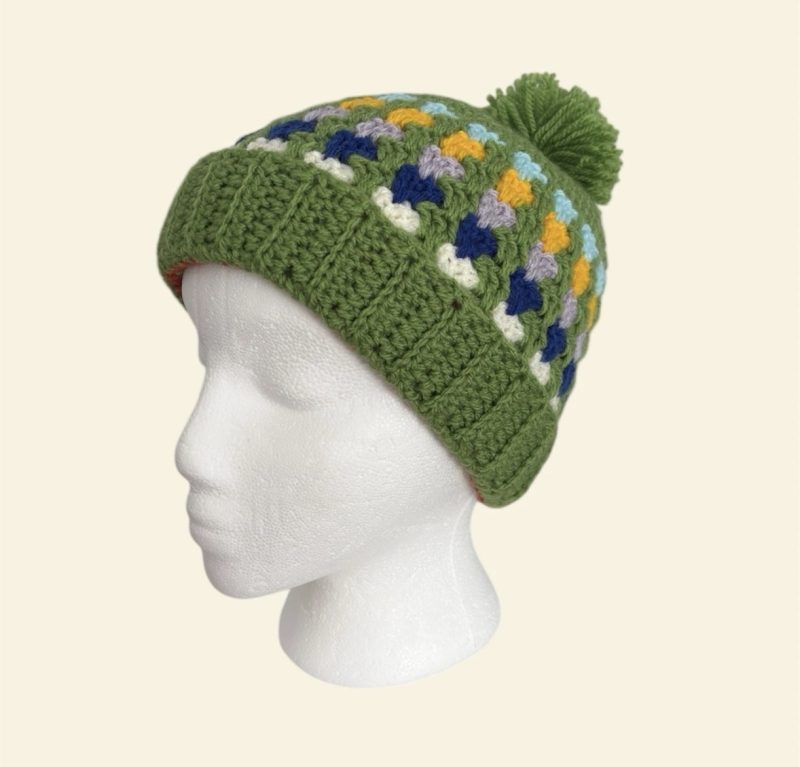 Handmade Crochet Granny Stitch Beanie – Multicoloured Green Pom-Pom Hat