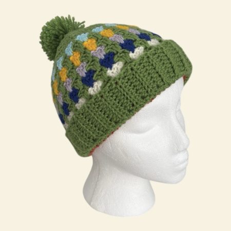 Handmade Crochet Granny Stitch Beanie – Multicoloured Green Pom-Pom Hat