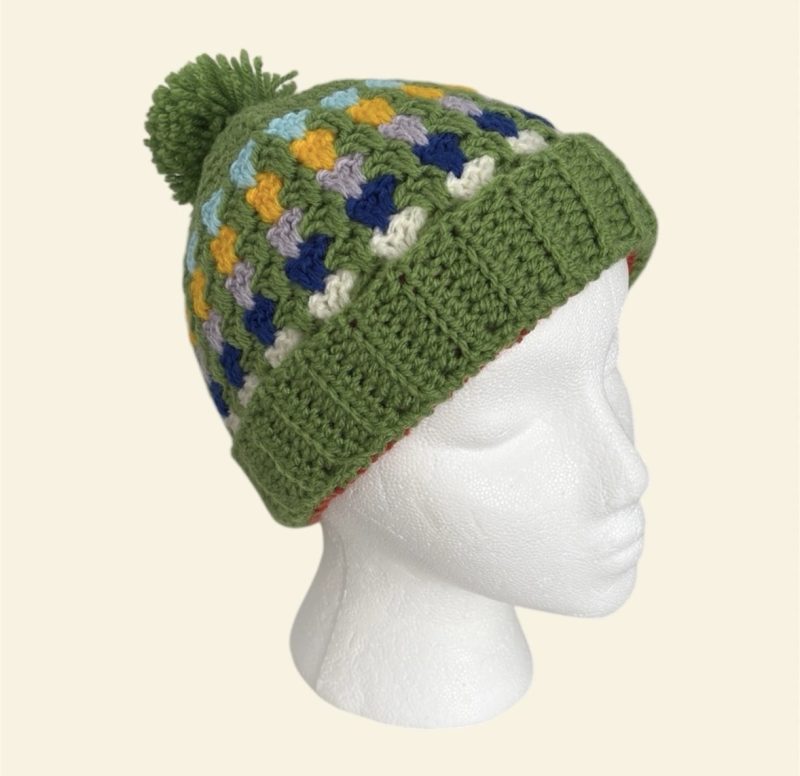 Handmade Crochet Granny Stitch Beanie – Multicoloured Green Pom-Pom Hat