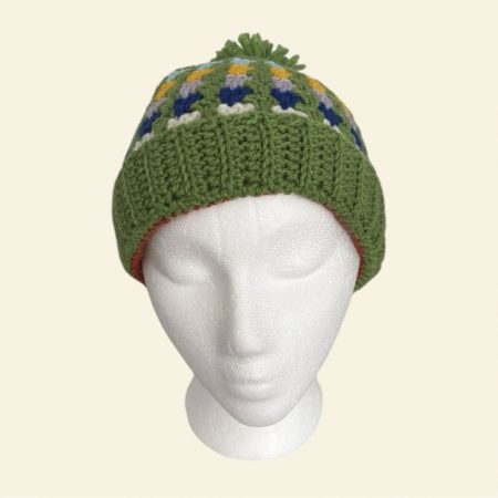 Handmade Crochet Granny Stitch Beanie – Multicoloured Green Pom-Pom Hat