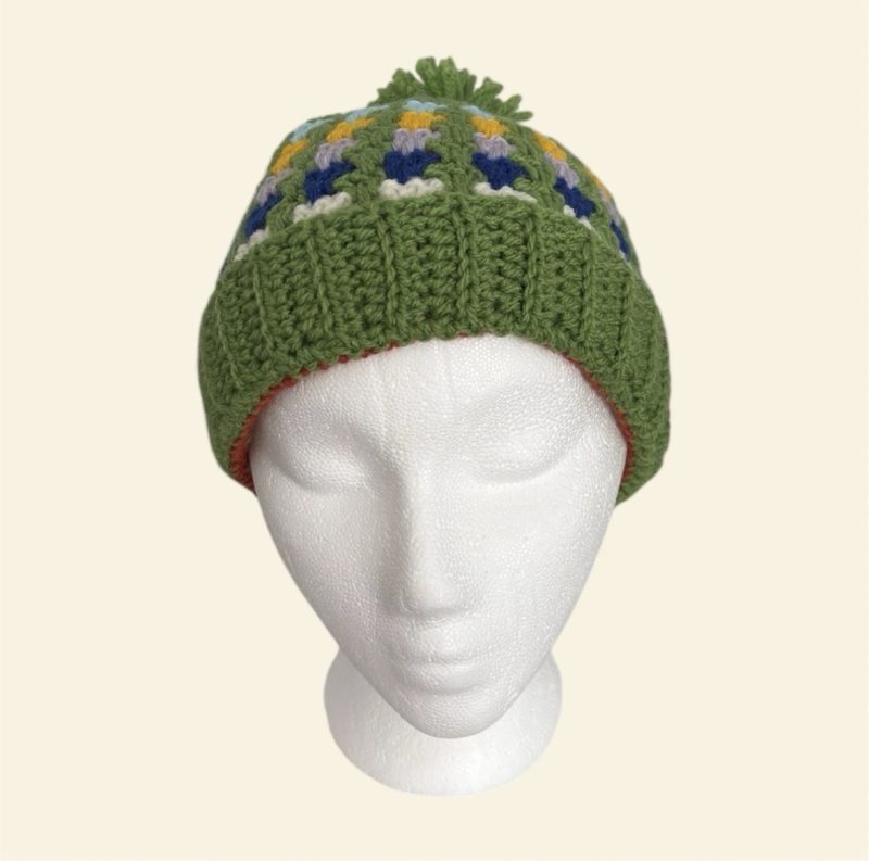 Handmade Crochet Granny Stitch Beanie – Multicoloured Green Pom-Pom Hat