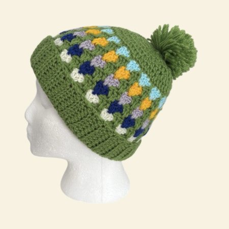 Handmade Crochet Granny Stitch Beanie – Multicoloured Green Pom-Pom Hat