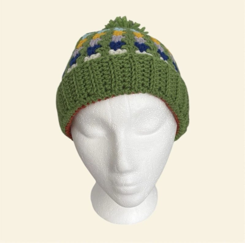 Handmade Crochet Granny Stitch Beanie – Multicoloured Green Pom-Pom Hat