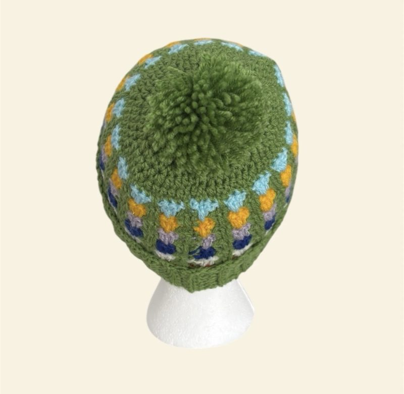 Handmade Crochet Granny Stitch Beanie – Multicoloured Green Pom-Pom Hat