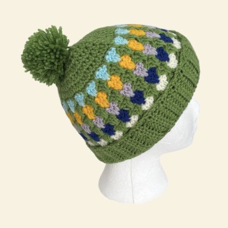 Handmade Crochet Granny Stitch Beanie – Multicoloured Green Pom-Pom Hat