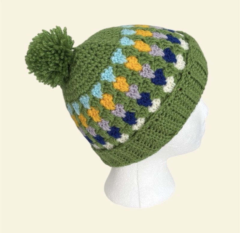 Handmade Crochet Granny Stitch Beanie – Multicoloured Green Pom-Pom Hat