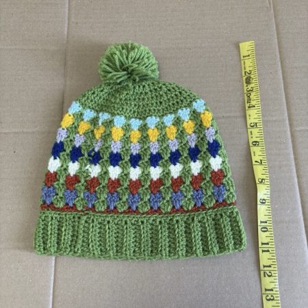 Handmade Crochet Granny Stitch Beanie – Multicoloured Green Pom-Pom Hat