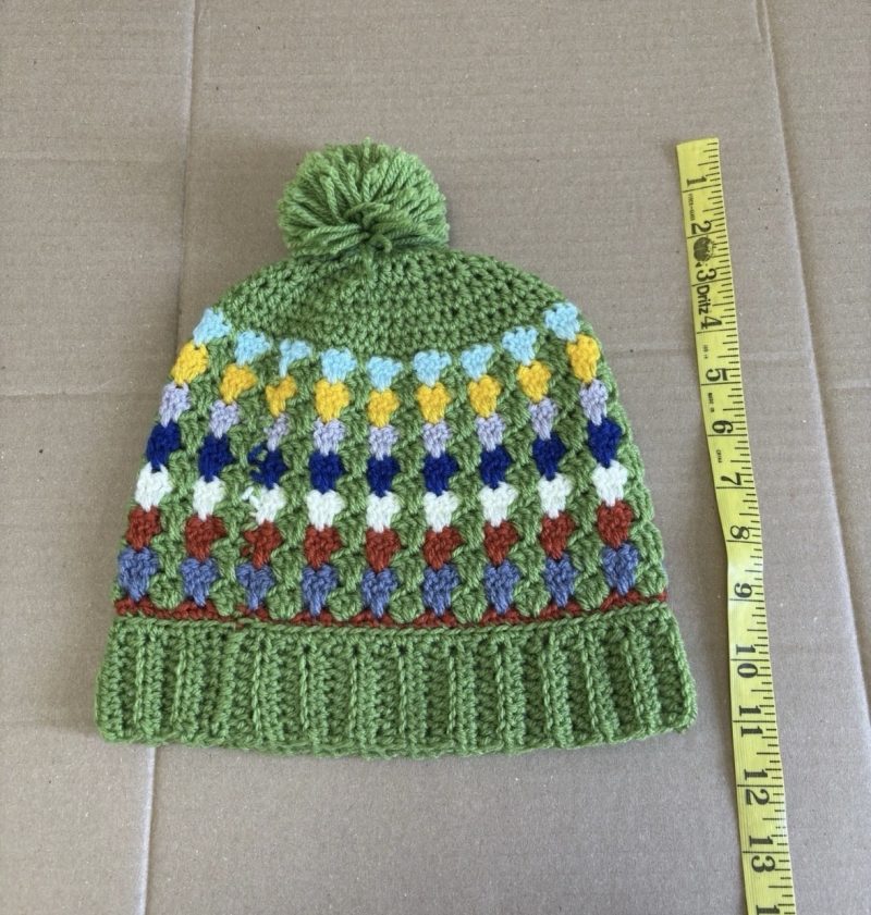 Handmade Crochet Granny Stitch Beanie – Multicoloured Green Pom-Pom Hat