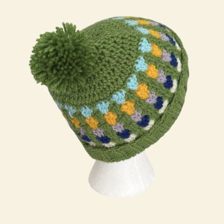 Handmade Crochet Granny Stitch Beanie – Multicoloured Green Pom-Pom Hat