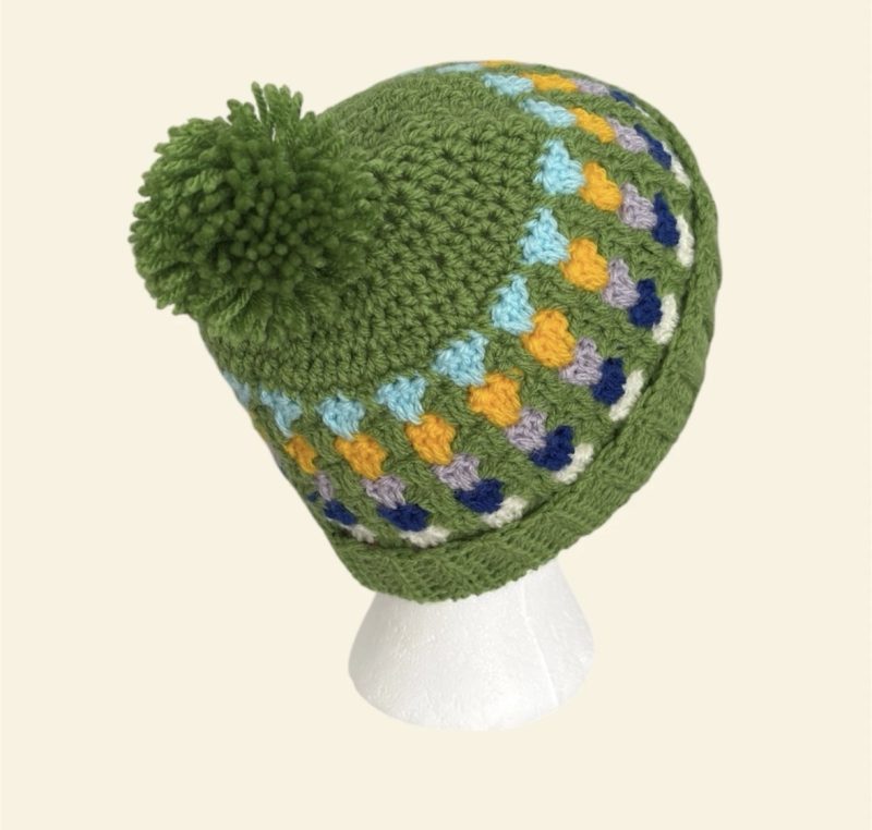 Handmade Crochet Granny Stitch Beanie – Multicoloured Green Pom-Pom Hat