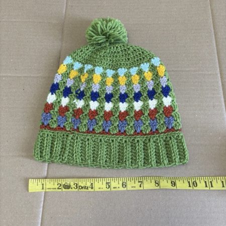 Handmade Crochet Granny Stitch Beanie – Multicoloured Green Pom-Pom Hat