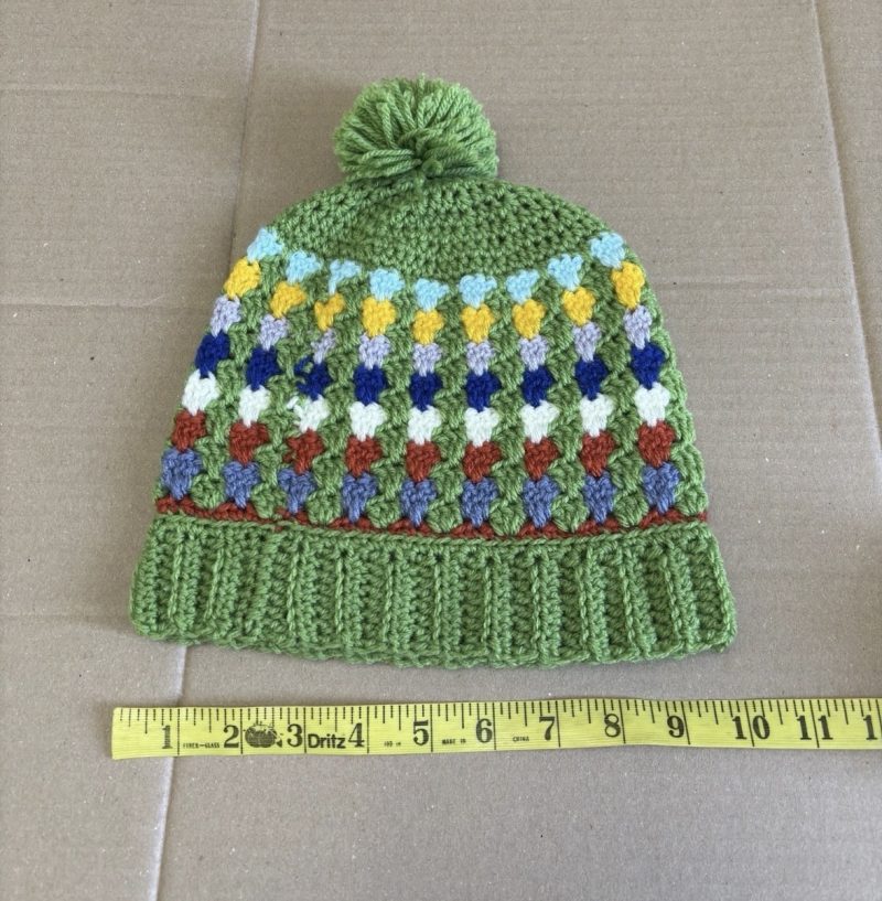 Handmade Crochet Granny Stitch Beanie – Multicoloured Green Pom-Pom Hat