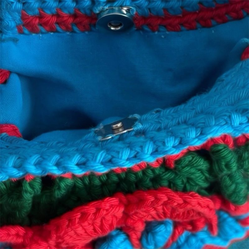 Handmade Floral Crochet Crossbody Bag with 3D Flower Detail & Removable Strawberry & Tomato Charms - Teal, Red & Green Cotton Crochet Shoulder Bag by ThatCrochetLadyUK - Adjustable Blue Strap