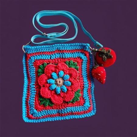 Handmade Floral Crochet Crossbody Bag with 3D Flower Detail & Removable Strawberry & Tomato Charms - Teal, Red & Green Cotton Crochet Shoulder Bag by ThatCrochetLadyUK - Adjustable Blue Strap