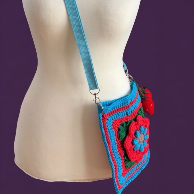 Handmade Floral Crochet Crossbody Bag with 3D Flower Detail & Removable Strawberry & Tomato Charms - Teal, Red & Green Cotton Crochet Shoulder Bag by ThatCrochetLadyUK - Adjustable Blue Strap