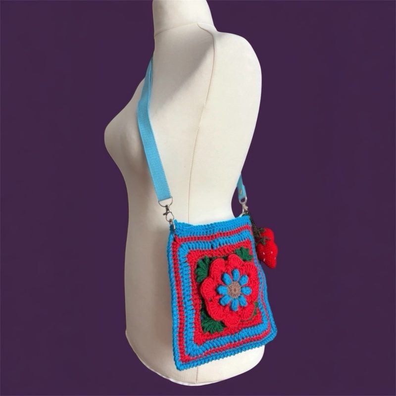 Handmade Floral Crochet Crossbody Bag with 3D Flower Detail & Removable Strawberry & Tomato Charms - Teal, Red & Green Cotton Crochet Shoulder Bag by ThatCrochetLadyUK - Adjustable Blue Strap