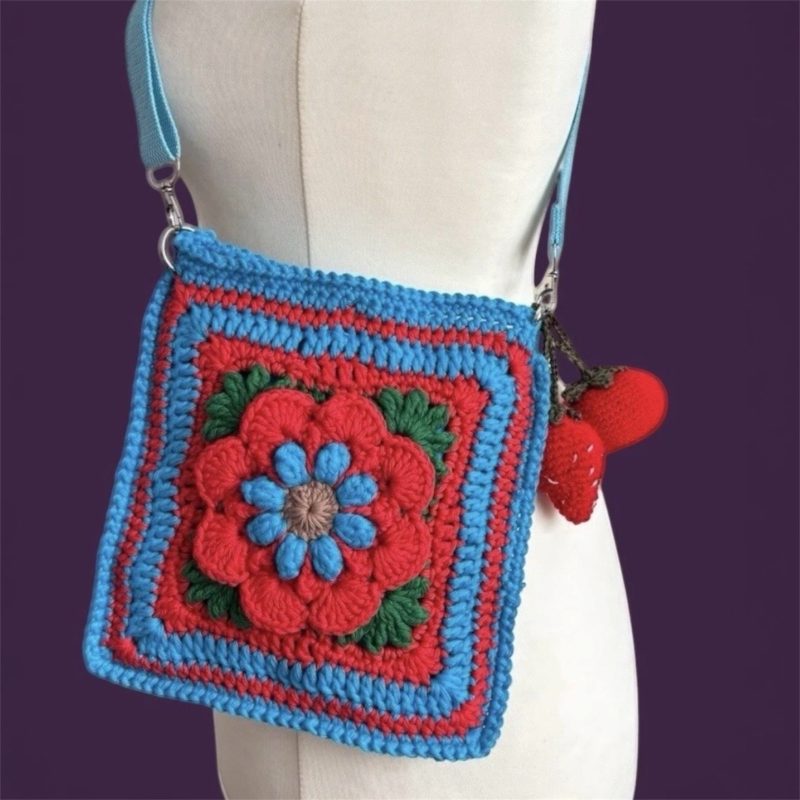 Handmade Floral Crochet Crossbody Bag with 3D Flower Detail & Removable Strawberry & Tomato Charms - Teal, Red & Green Cotton Crochet Shoulder Bag by ThatCrochetLadyUK - Adjustable Blue Strap