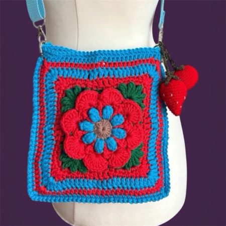 Handmade Floral Crochet Crossbody Bag with 3D Flower Detail & Removable Strawberry & Tomato Charms - Teal, Red & Green Cotton Crochet Shoulder Bag by ThatCrochetLadyUK - Adjustable Blue Strap