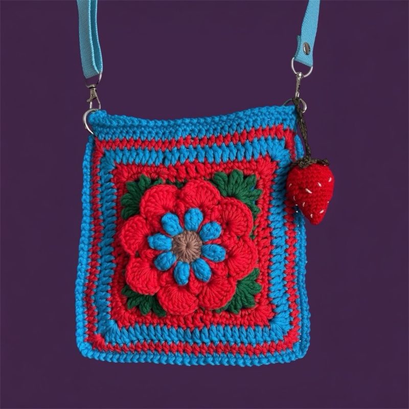 Handmade Floral Crochet Crossbody Bag with 3D Flower Detail & Removable Strawberry & Tomato Charms - Teal, Red & Green Cotton Crochet Shoulder Bag by ThatCrochetLadyUK - Adjustable Blue Strap