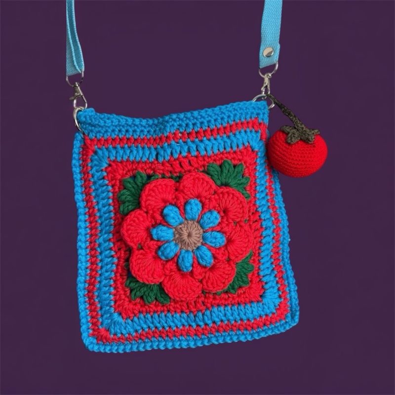 Handmade Floral Crochet Crossbody Bag with 3D Flower Detail & Removable Strawberry & Tomato Charms - Teal, Red & Green Cotton Crochet Shoulder Bag by ThatCrochetLadyUK - Adjustable Blue Strap