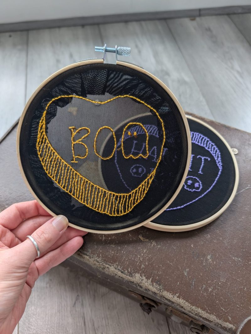 Halloween Candy Heart Embroidery Wall Art Set | Spooky Home Decor | Handcrafted