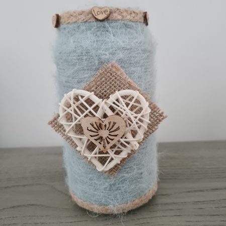 Upcycled Glass Jar Wrapped in Sage Green Cashmere Yarn with Jute Trim