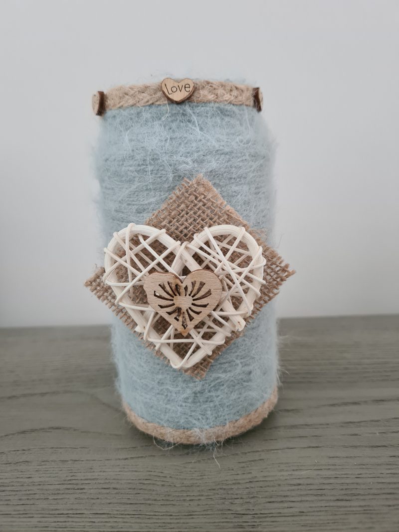 Upcycled Glass Jar Wrapped in Sage Green Cashmere Yarn with Jute Trim