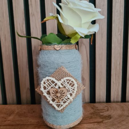 Upcycled Glass Jar Wrapped in Sage Green Cashmere Yarn with Jute Trim