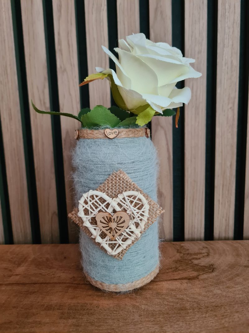 Upcycled Glass Jar Wrapped in Sage Green Cashmere Yarn with Jute Trim