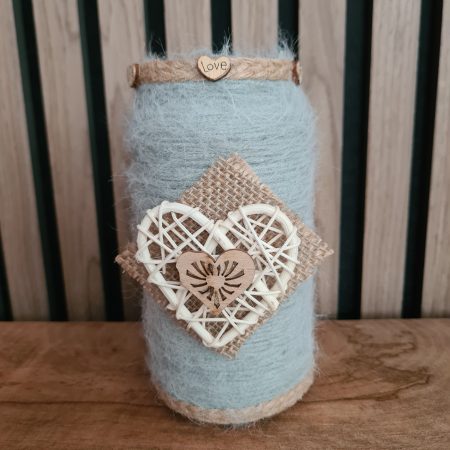 Upcycled Glass Jar Wrapped in Sage Green Cashmere Yarn with Jute Trim